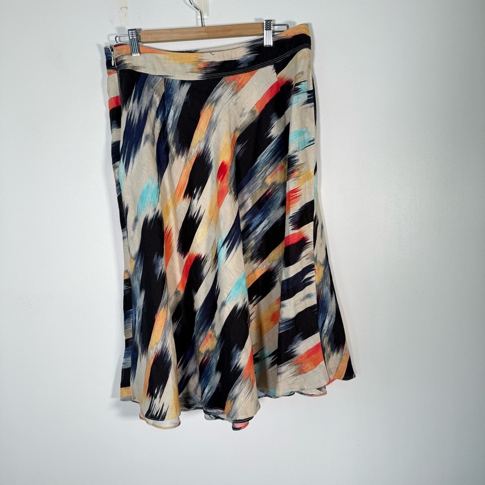 DKNY 100% Linen Paintbrush Strokes Midi Skirt Faux Wrap A Line Artsy 12 - Picture 1 of 10